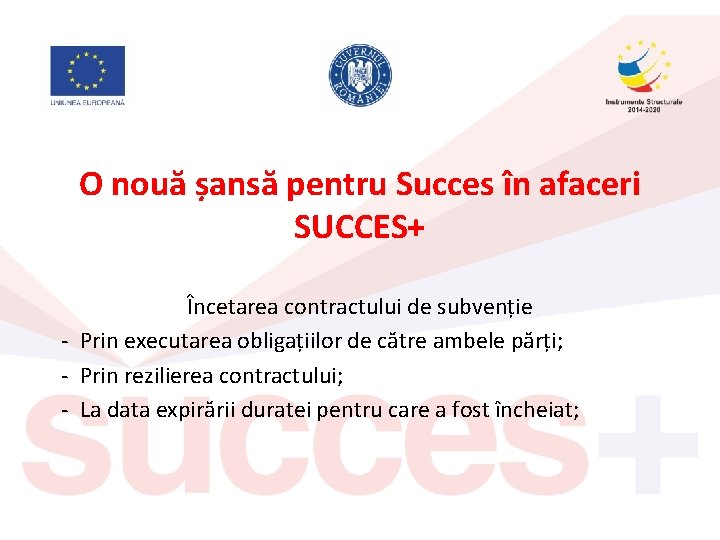 O nouă șansă pentru Succes în afaceri SUCCES+ Încetarea contractului de subvenție - Prin