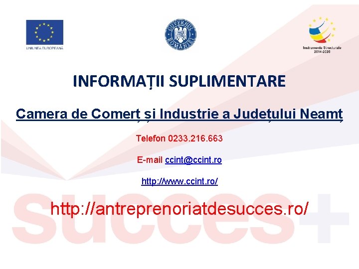 INFORMAȚII SUPLIMENTARE Camera de Comerț și Industrie a Județului Neamț Telefon 0233. 216. 663