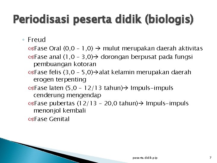 Periodisasi peserta didik (biologis) ◦ Freud Fase Oral (0, 0 – 1, 0) mulut
