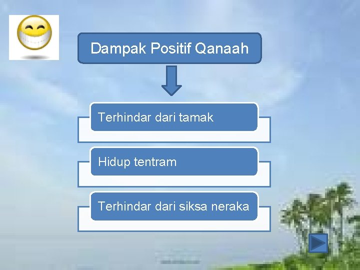 Dampak Positif Qanaah Terhindar dari tamak Hidup tentram Terhindar dari siksa neraka Dampak Positif Qanaah Terhindar dari tamak Hidup tentram Terhindar dari siksa neraka