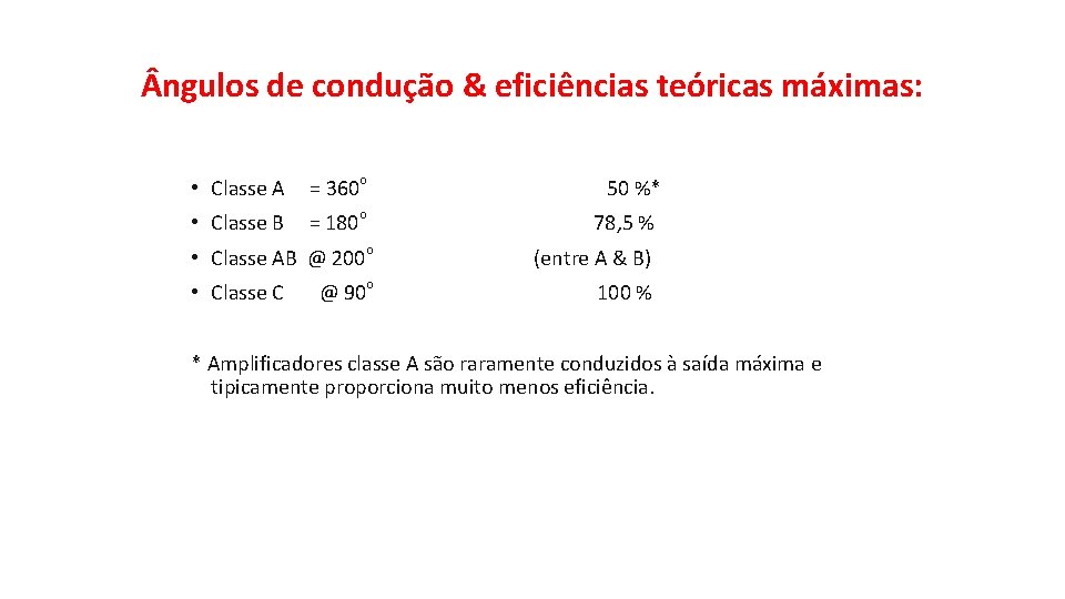  ngulos de condução & eficiências teóricas máximas: • Classe A = 360 o