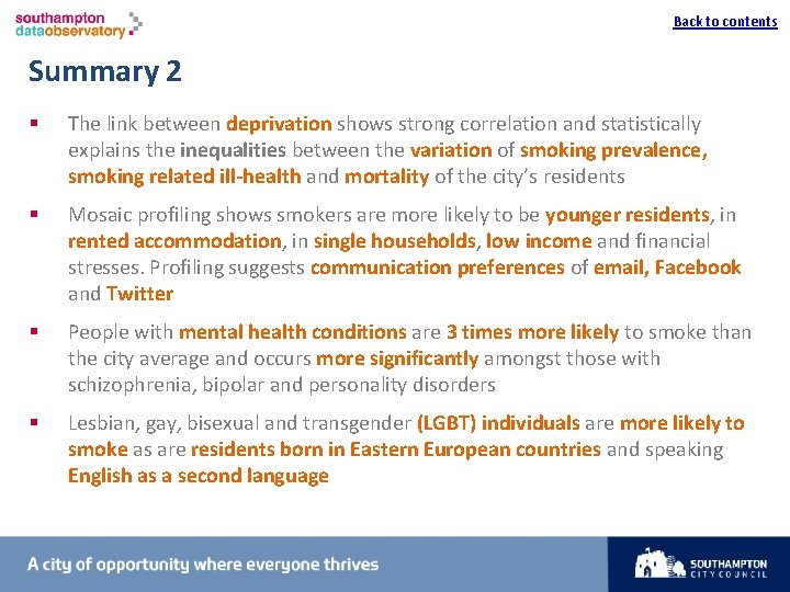 I Back to contents Summary 2 § The link between deprivation shows strong correlation