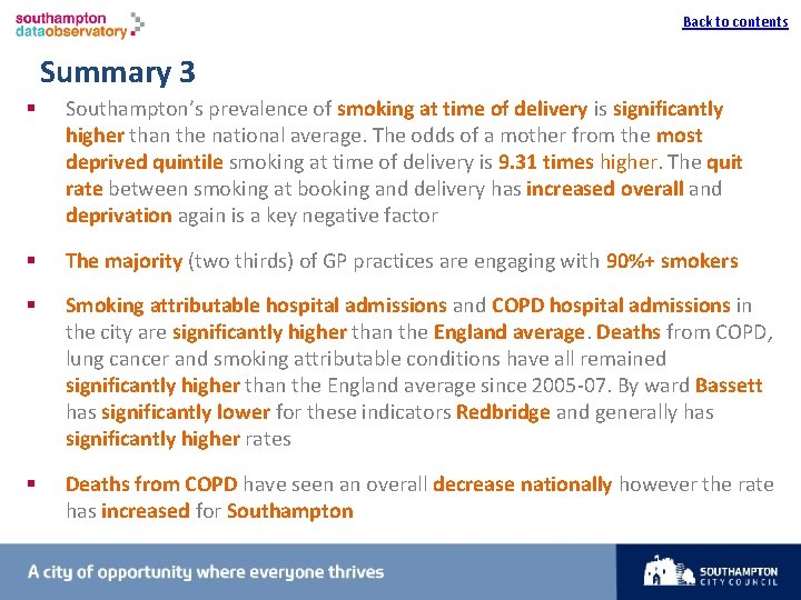 I Back to contents Summary 3 § Southampton’s prevalence of smoking at time of