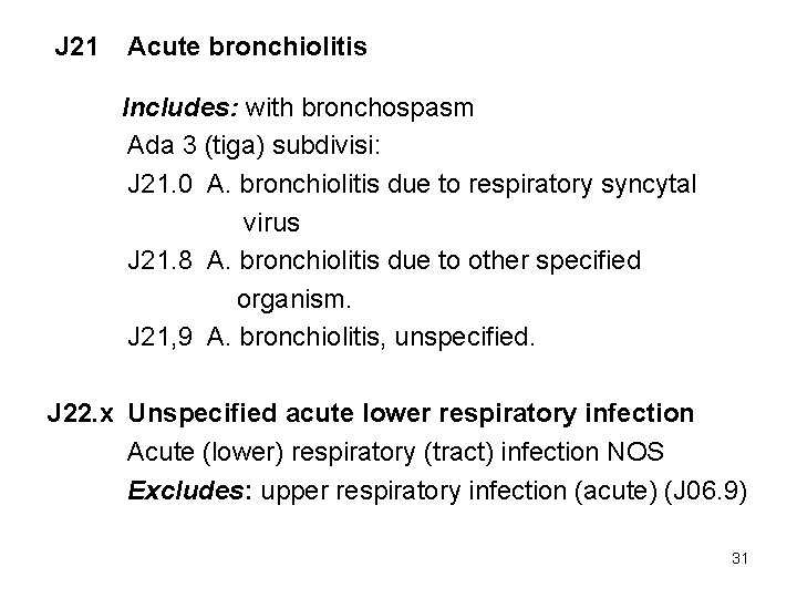  J 21 Acute bronchiolitis Includes: with bronchospasm Ada 3 (tiga) subdivisi: J 21.