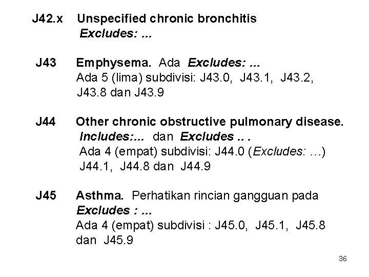 J 42. x Unspecified chronic bronchitis Excludes: … J 43 Emphysema. Ada Excludes: …