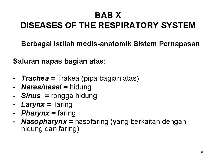 BAB X DISEASES OF THE RESPIRATORY SYSTEM Berbagai istilah medis-anatomik Sistem Pernapasan Saluran napas