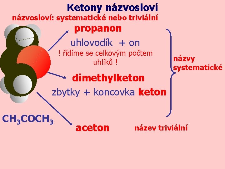 Ketony názvosloví: systematické nebo triviální propanon uhlovodík + on ! řídíme se celkovým počtem