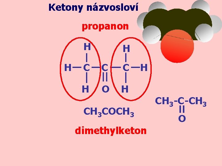 Ketony názvosloví propanon H H H C C C H O H H CH