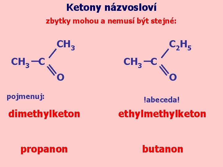 Ketony názvosloví zbytky mohou a nemusí být stejné: CH 3 C C 2 H