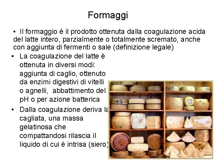 Formaggi • Il formaggio è il prodotto ottenuta dalla coagulazione acida del latte intero,