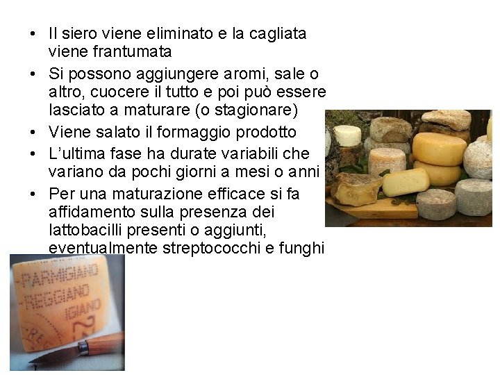  • Il siero viene eliminato e la cagliata viene frantumata • Si possono