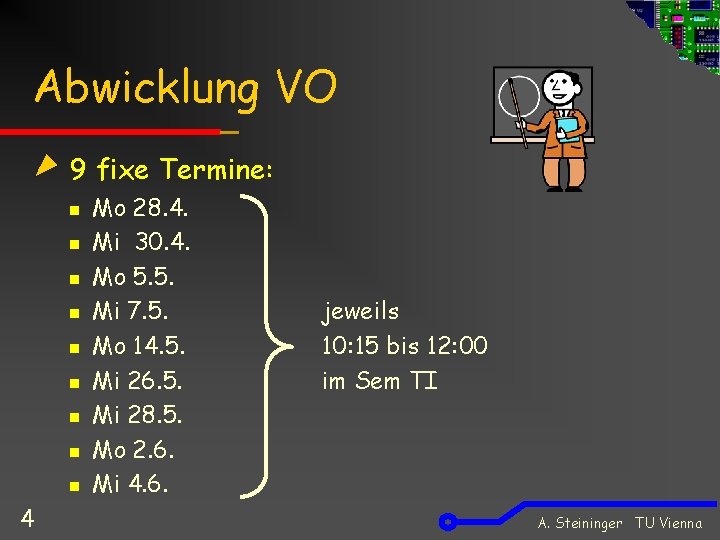 Abwicklung VO 9 fixe Termine: n n n n n 4 Mo 28. 4.