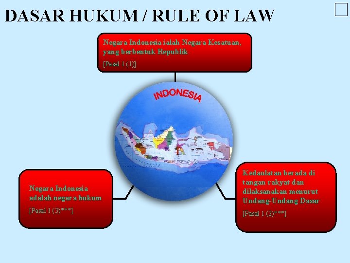 DASAR HUKUM / RULE OF LAW Negara Indonesia ialah Negara Kesatuan, yang berbentuk Republik