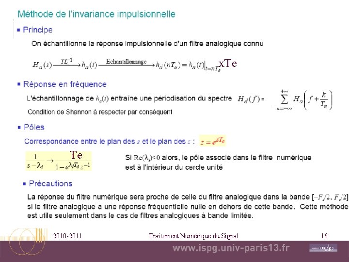 x. Te Te 2010 -2011 Traitement Numérique du Signal 16 