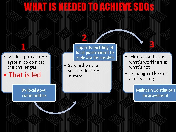 WHAT IS NEEDED TO ACHIEVE SDGs 1 • Model approaches / system to combat