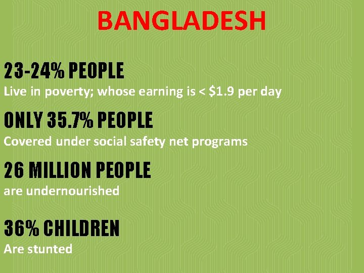 BANGLADESH 23 -24% PEOPLE Live in poverty; whose earning is < $1. 9 per
