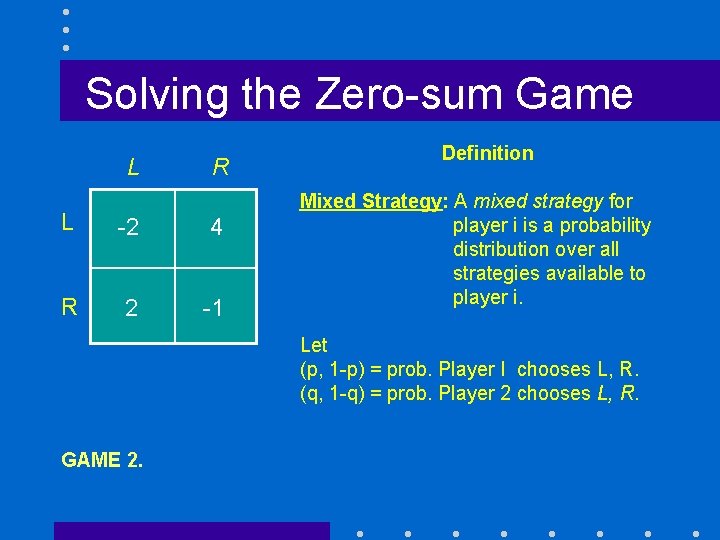 Solving the Zero-sum Game L R L -2 4 R 2 -1 Definition Mixed