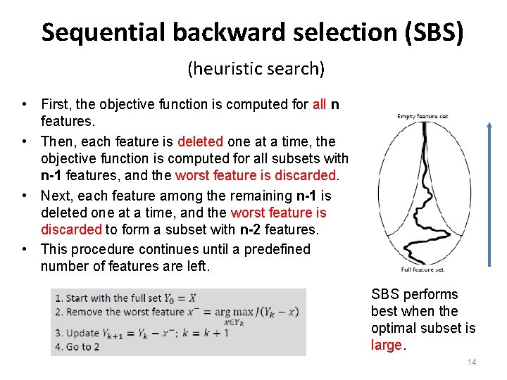 Sequential backward selection (SBS) (heuristic search) • First, the objective function is computed for Sequential backward selection (SBS) (heuristic search) • First, the objective function is computed for