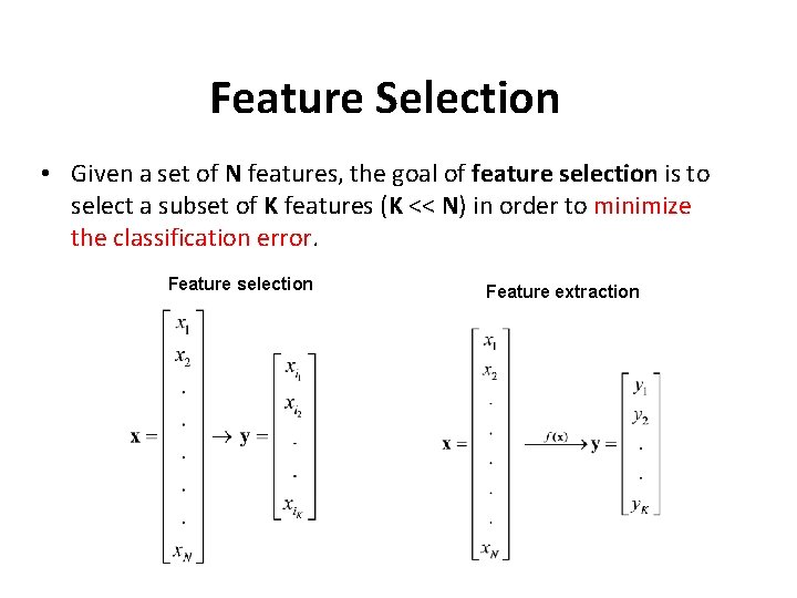 Feature Selection • Given a set of N features, the goal of feature selection Feature Selection • Given a set of N features, the goal of feature selection