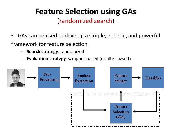 Feature Selection using GAs (randomized search) • GAs can be used to develop a Feature Selection using GAs (randomized search) • GAs can be used to develop a