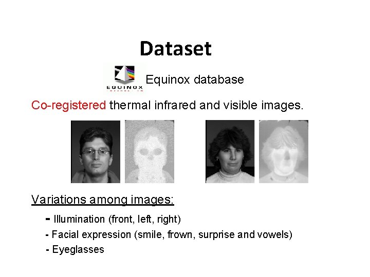 Dataset Equinox database Co-registered thermal infrared and visible images. Variations among images: - Illumination Dataset Equinox database Co-registered thermal infrared and visible images. Variations among images: - Illumination