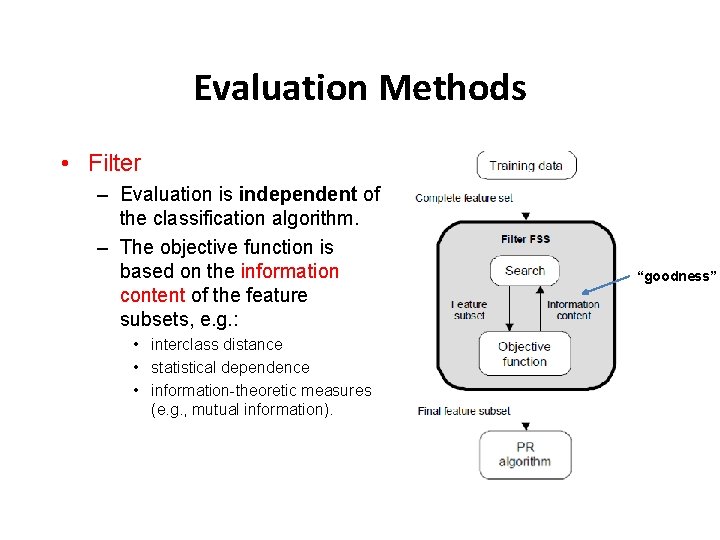 Evaluation Methods • Filter – Evaluation is independent of the classification algorithm. – The Evaluation Methods • Filter – Evaluation is independent of the classification algorithm. – The