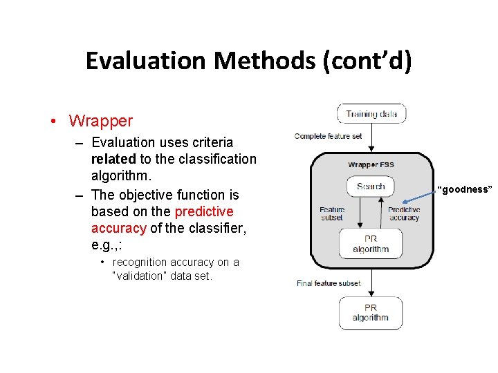 Evaluation Methods (cont’d) • Wrapper – Evaluation uses criteria related to the classification algorithm. Evaluation Methods (cont’d) • Wrapper – Evaluation uses criteria related to the classification algorithm.