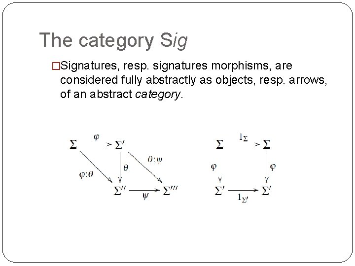 The category Sig �Signatures, resp. signatures morphisms, are considered fully abstractly as objects, resp.