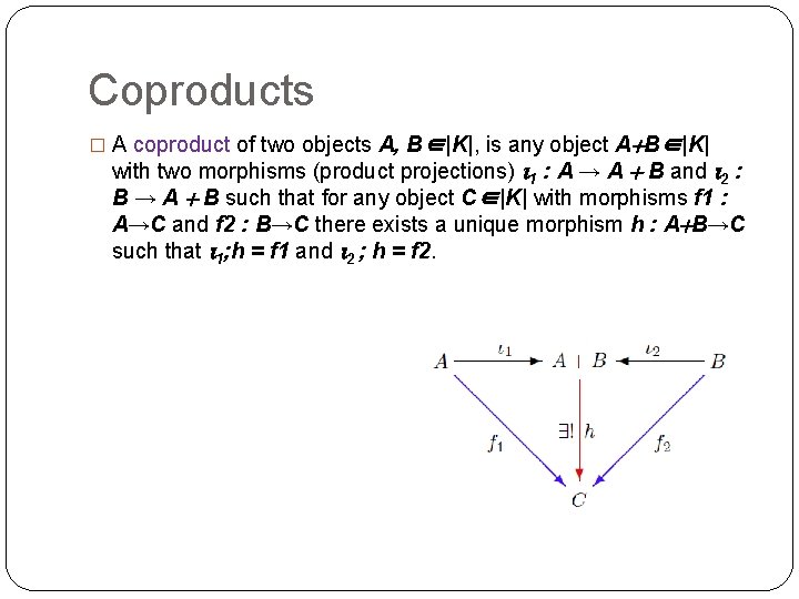 Coproducts � A coproduct of two objects A, B∈|K|, is any object A B∈|K|