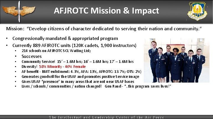 AFJROTC Mission & Impact Mission: “Develop citizens of character dedicated to serving their nation