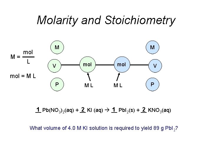 Molarity and Stoichiometry M= M mol L V M mol V mol = M