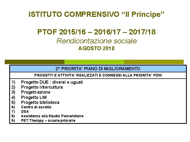 ISTITUTO COMPRENSIVO “Il Principe” PTOF 2015/16 – 2016/17 – 2017/18 Rendicontazione sociale AGOSTO 2018