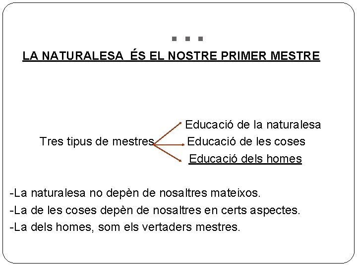 . . . LA NATURALESA ÉS EL NOSTRE PRIMER MESTRE Tres tipus de mestres