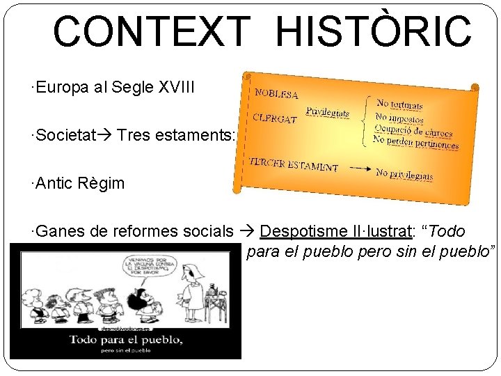 CONTEXT HISTÒRIC ·Europa al Segle XVIII ·Societat Tres estaments: ·Antic Règim ·Ganes de reformes