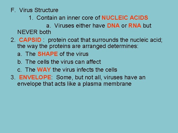 F. Virus Structure 1. Contain an inner core of NUCLEIC ACIDS a. Viruses either