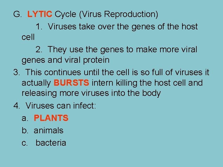 G. LYTIC Cycle (Virus Reproduction) 1. Viruses take over the genes of the host