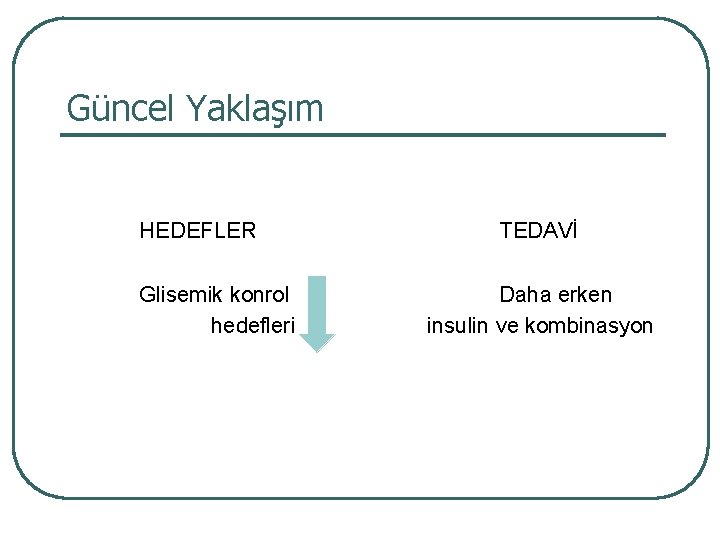 Güncel Yaklaşım HEDEFLER Glisemik konrol hedefleri TEDAVİ Daha erken insulin ve kombinasyon 