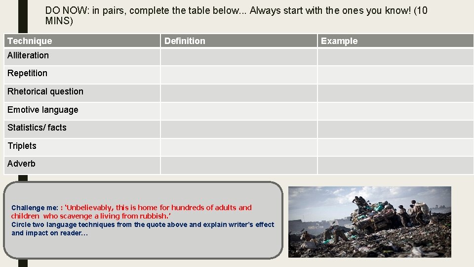 DO NOW: in pairs, complete the table below. . . Always start with the