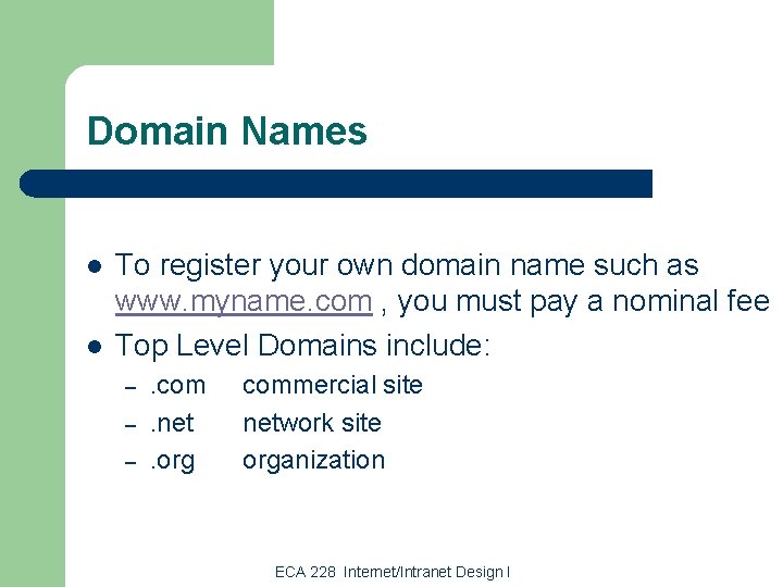 Domain Names l l To register your own domain name such as www. myname.