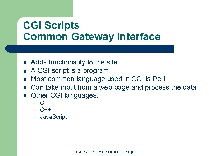 CGI Scripts Common Gateway Interface l l l Adds functionality to the site A