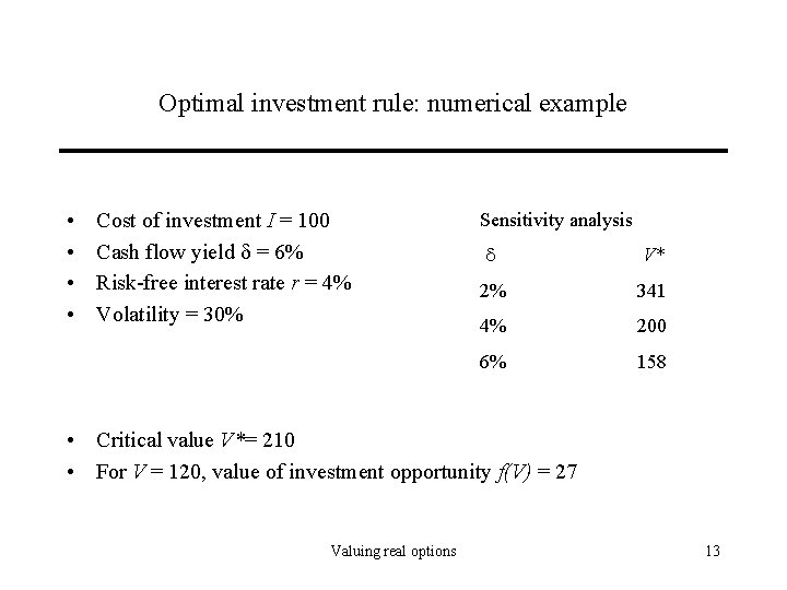 Optimal investment rule: numerical example • • Cost of investment I = 100 Cash