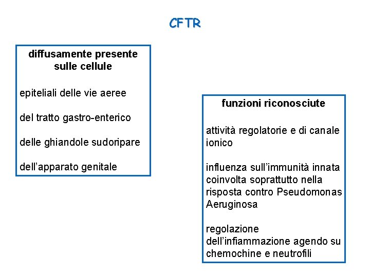 CFTR diffusamente presente sulle cellule epiteliali delle vie aeree funzioni riconosciute del tratto gastro-enterico