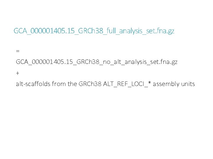 GCA_000001405. 15_GRCh 38_full_analysis_set. fna. gz = GCA_000001405. 15_GRCh 38_no_alt_analysis_set. fna. gz + alt-scaffolds from