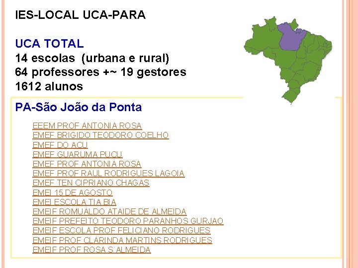 IES-LOCAL UCA-PARA UCA TOTAL 14 escolas (urbana e rural) 64 professores +~ 19 gestores