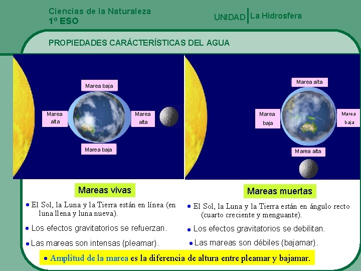 Ciencias de la Naturaleza UNIDAD La Hidrosfera 1º ESO PROPIEDADES CARÁCTERÍSTICAS DEL AGUA Marea