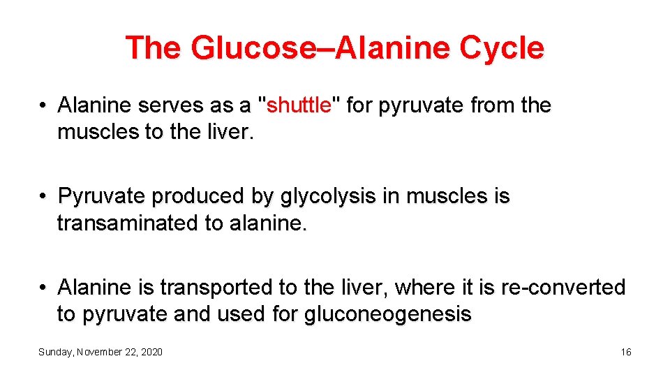 The Glucose–Alanine Cycle • Alanine serves as a "shuttle" for pyruvate from the muscles