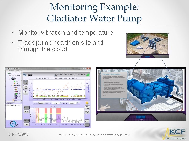 Monitoring Example: Gladiator Water Pump • Monitor vibration and temperature • Track pump health