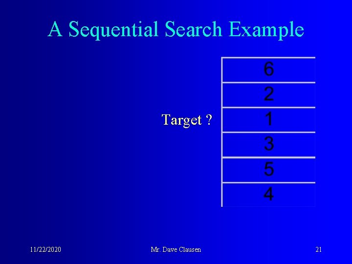 A Sequential Search Example Target ? 11/22/2020 Mr. Dave Clausen 21 