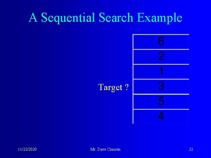 A Sequential Search Example Target ? 11/22/2020 Mr. Dave Clausen 22 
