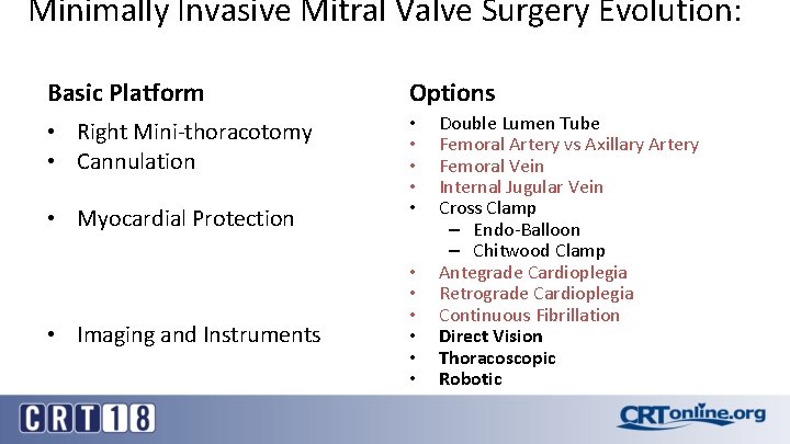 Minimally Invasive Mitral Valve Surgery Evolution: Basic Platform Options • Right Mini-thoracotomy • Cannulation
